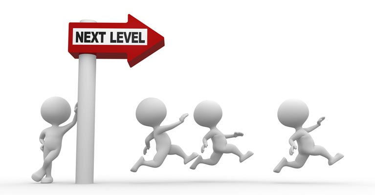 Characters running under next level sign