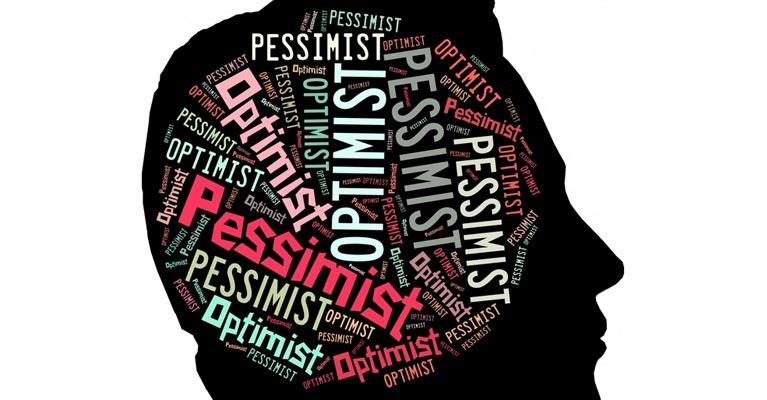 Optimist Pessimist words inside a head graphic